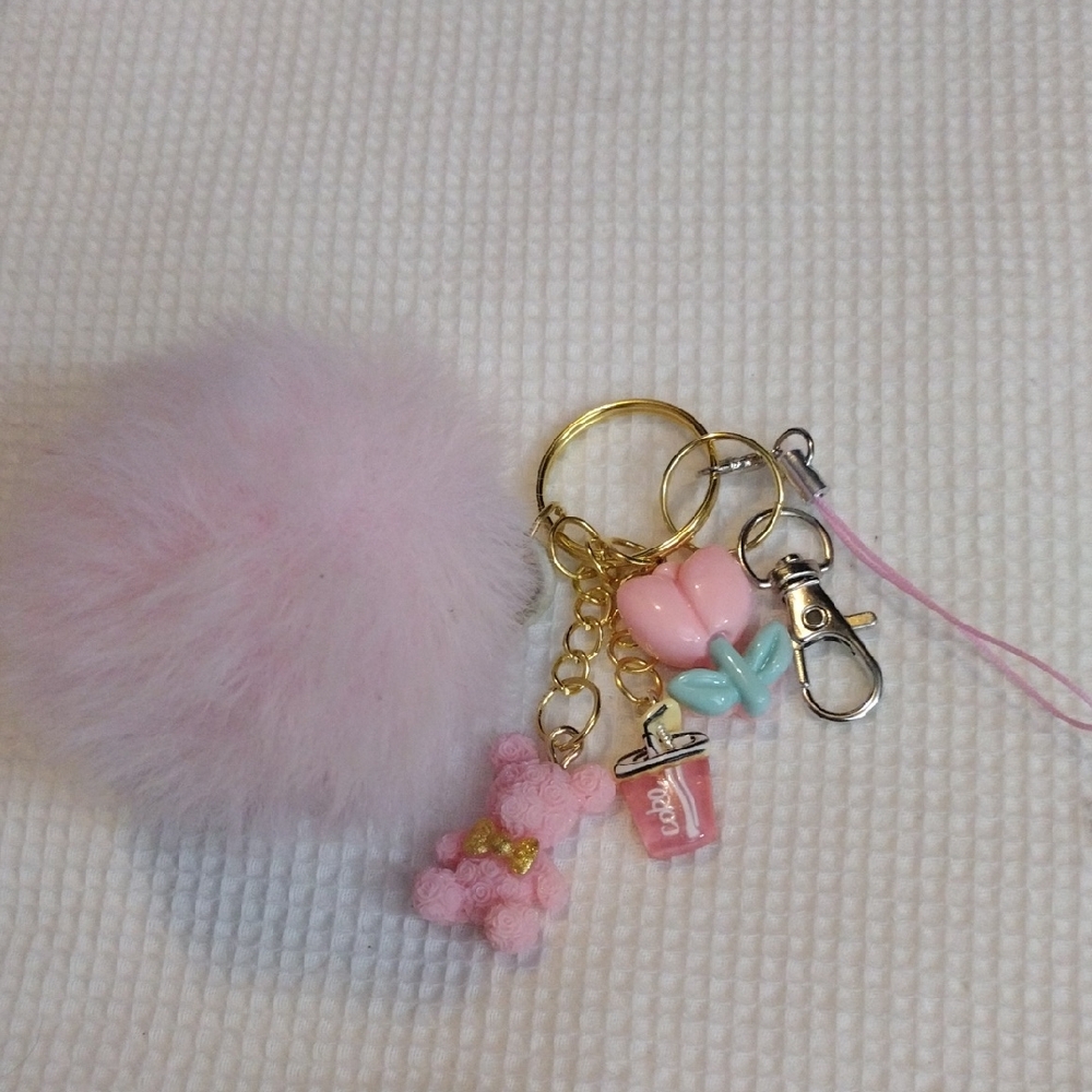 Pink Fluffy Pom Pom Keychain with Charms